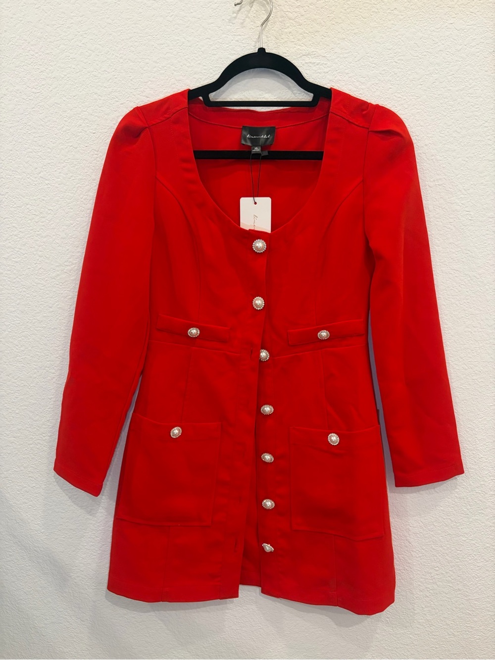 Line & Dot Red Mini Dress with Pearl Buttons